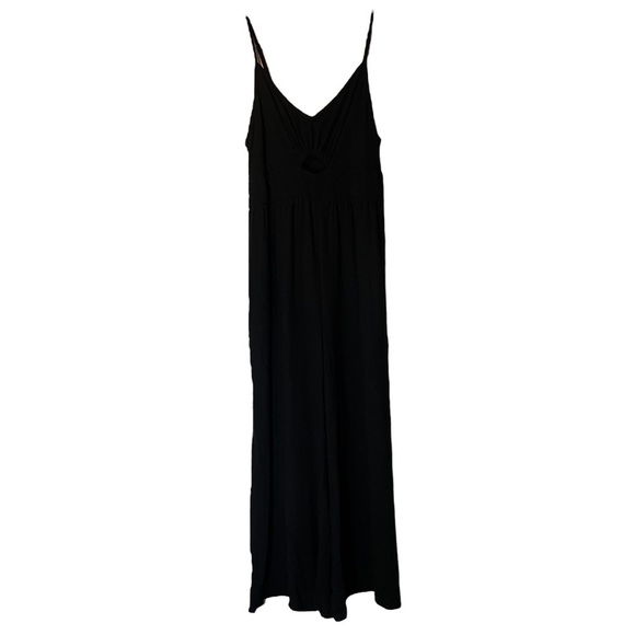 Black Linen Jumpsuit Cropped Wide Leg V-Neck Cut Out Romper Spaghetti Strap - Picture 5 of 9